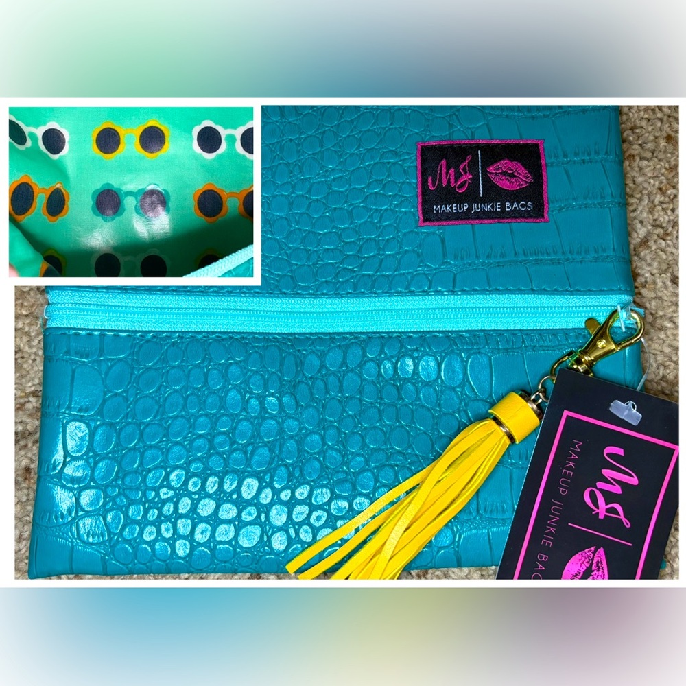 ✨NWT Small Turquoise Blue Makeup Junkie Bag w Tassel & Colorful Sunnies Interior